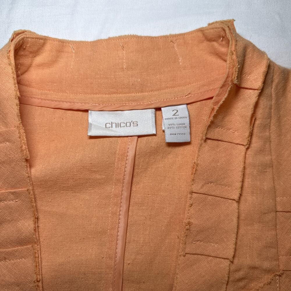 Chicos 2 Blazer Open Front Jacket Linen Blend Womens Orange 3/4 Sleeve Artsy EUC - Picture 2 of 12